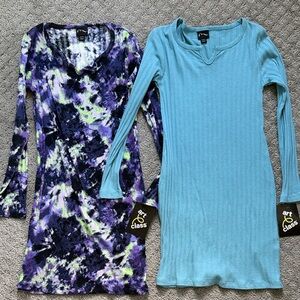 art class Ribbed Light Blue Dress + Purple & Lime Tie-Dye Bodycon Dress